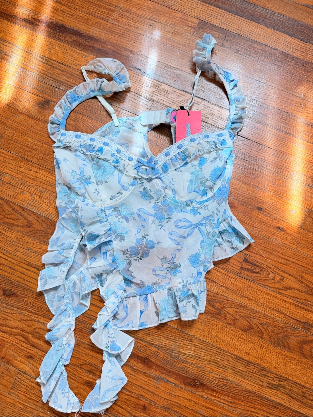 NWT Edikted Blue Floral Ruffle Corset Top Size M